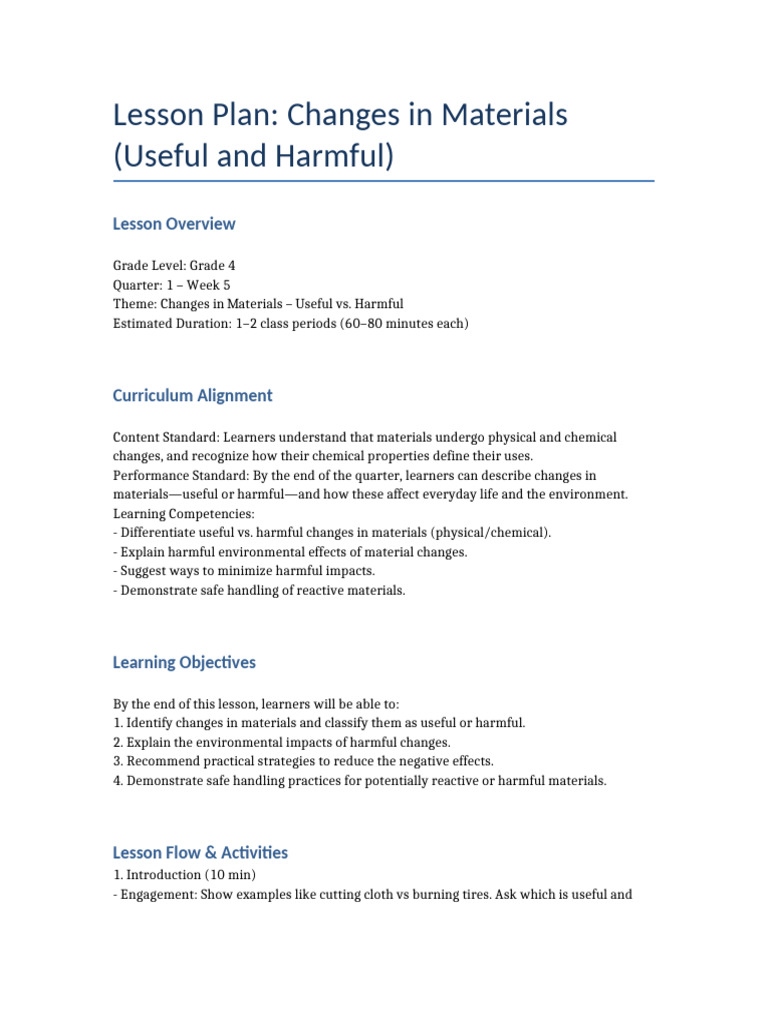 Useful vs. Harmful Material Changes Lesson | PDF | Learning | Lesson Plan