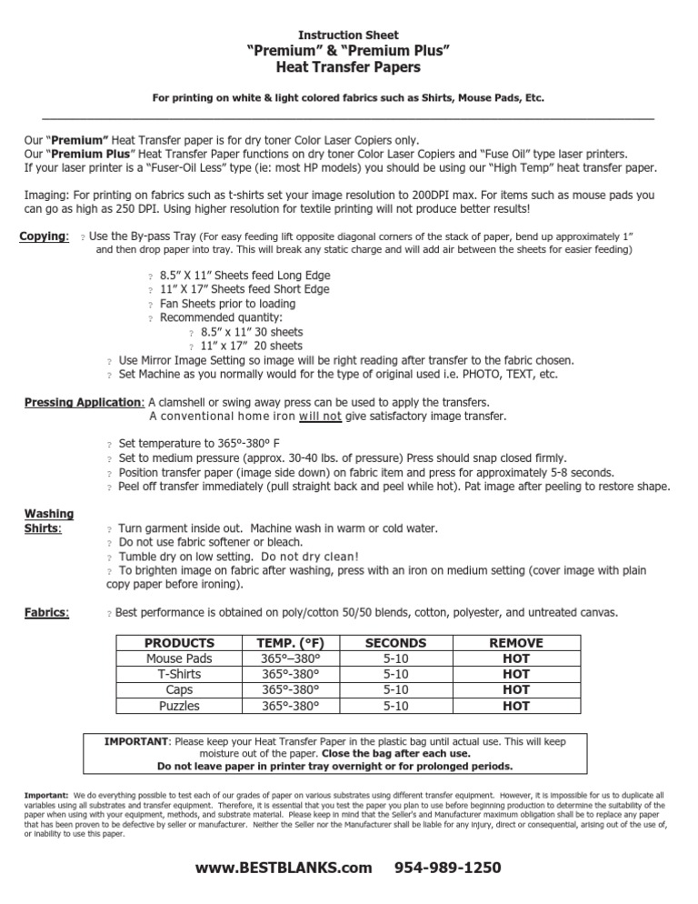 Instruction Sheet for Using Premium and Premium Plus Heat Transfer