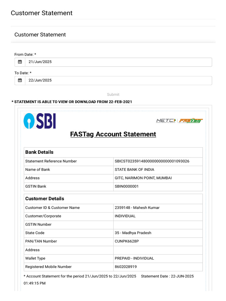 SBI FASTag Account Statement Download | PDF | Debits And Credits | Payments