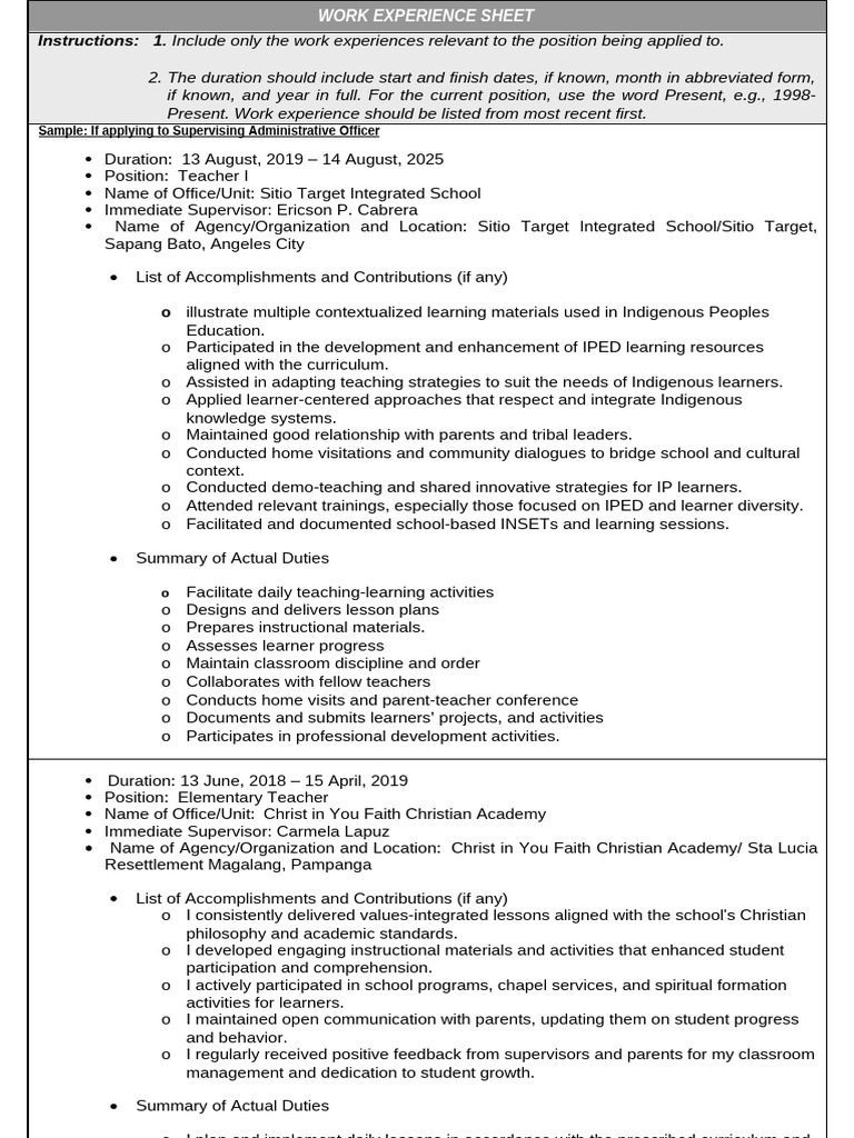 CS Form No. 212 Attachment - Work Experience Sheet | PDF | Learning ...