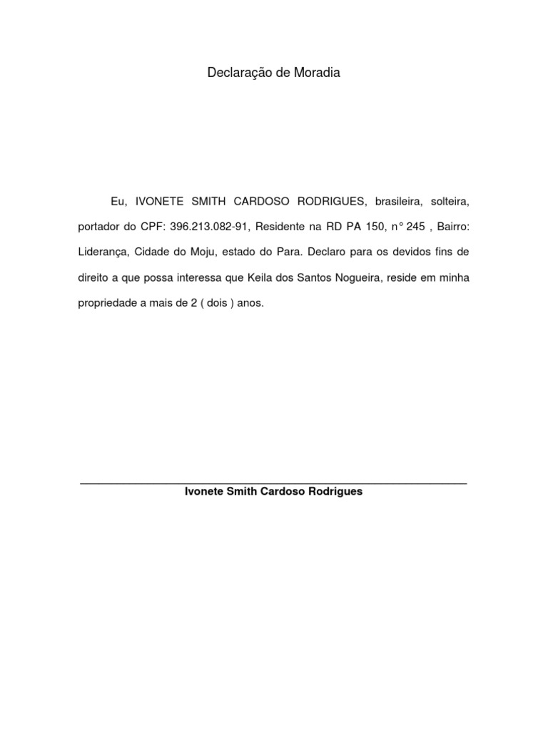 Declaração de Moradia simples