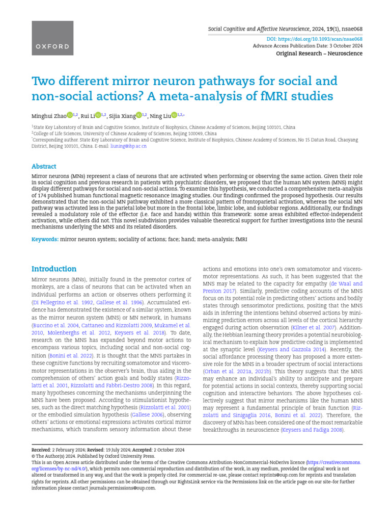 Mirror Neuron Pathways: Social vs Non-Social | PDF | Cognition | Psychology
