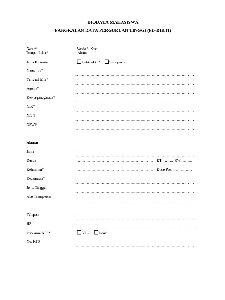 Form Biodata Lapor Diri PDPT PD Dikti | PDF