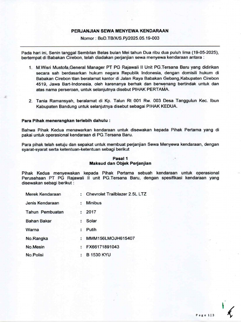 Perjanjian Sewa Menyewa Kendaraan I | PDF