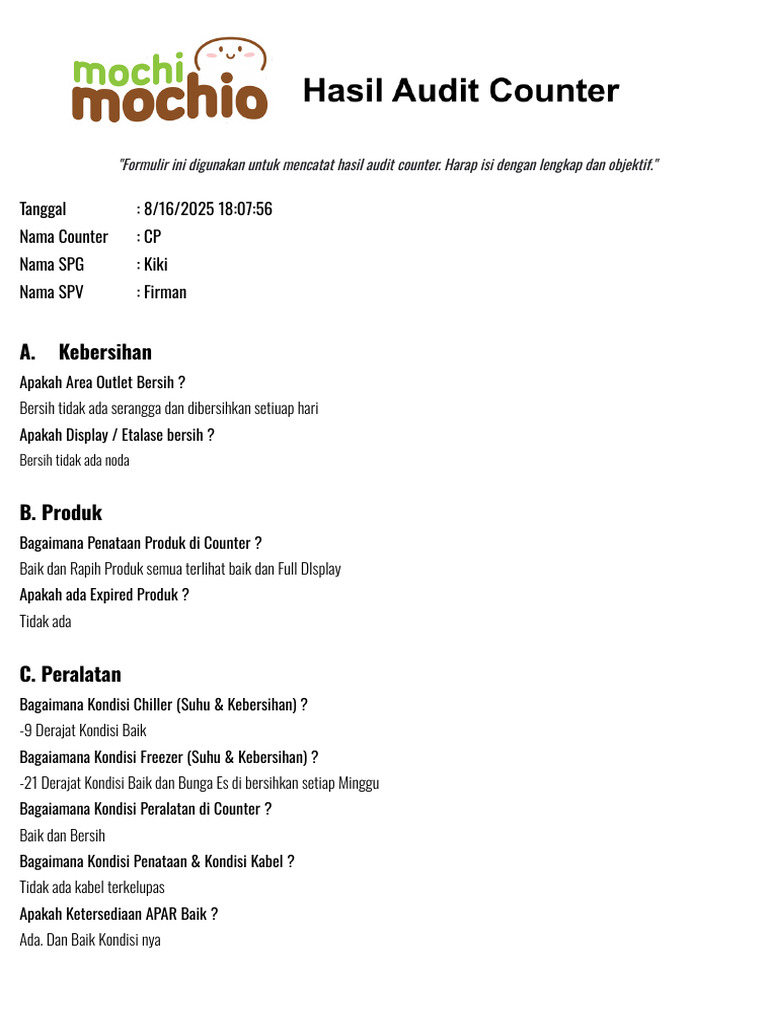 Audit Kebersihan dan Pelayanan Counter | PDF