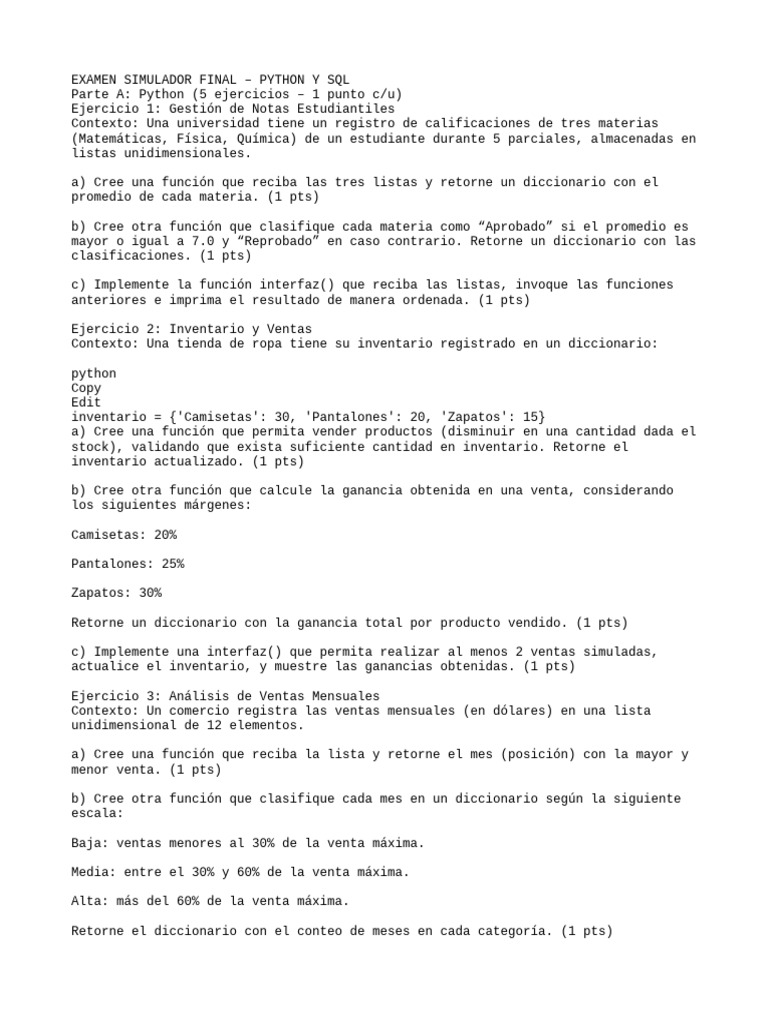 Examen Simulador Final: Python y SQL | PDF | SQL | Paradigmas de ...