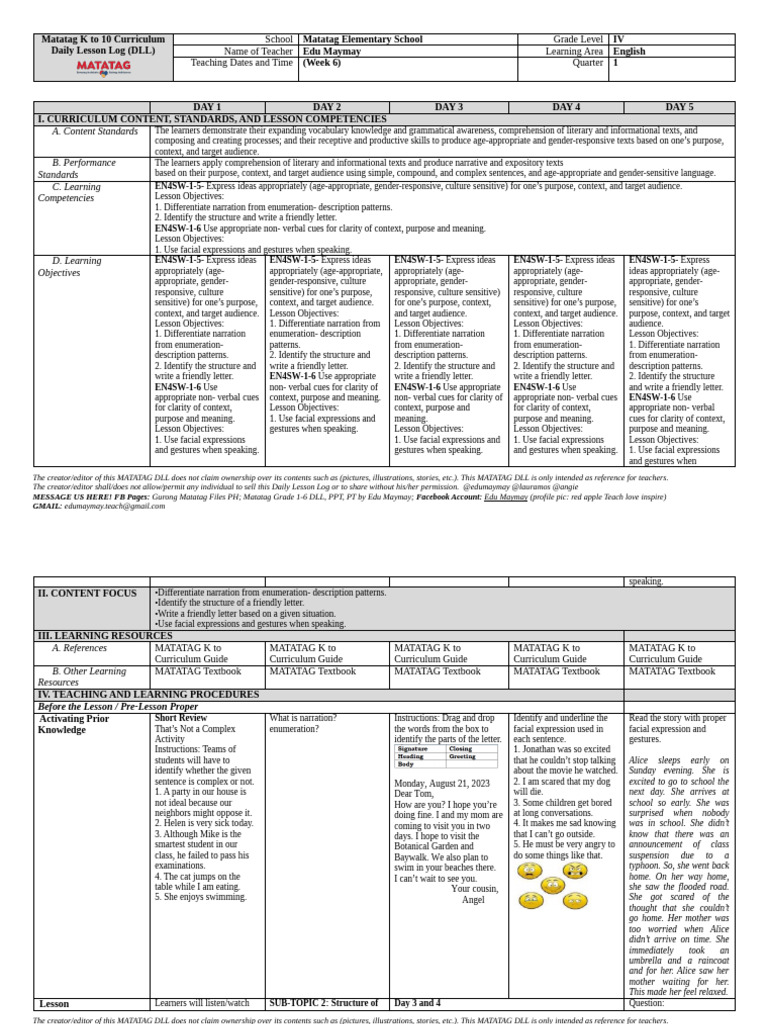 Grade 4 English Daily Lesson Log | PDF | Curriculum | Gesture