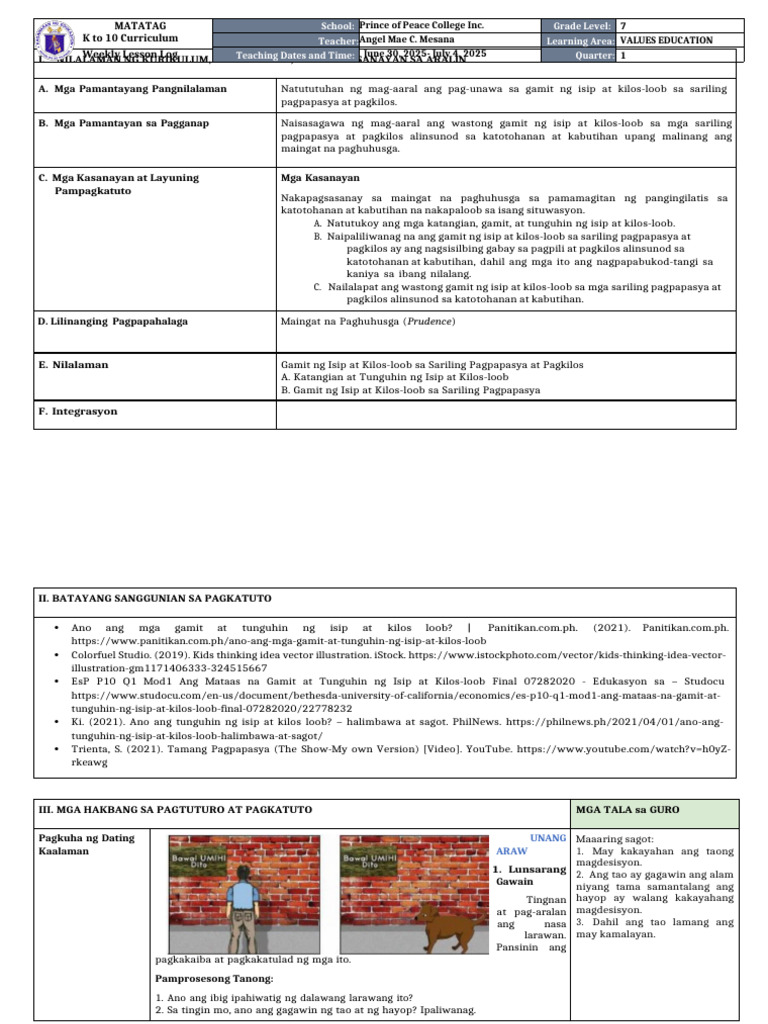 DLL Matatag - Values Education 7 q1 w1 | PDF