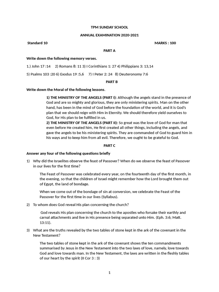 Sunday School 10 TH STD 2021 Question Paper | PDF | Shadrach, Meshach ...