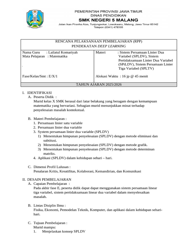 RPP Deep Learning SPLDV Kelas X | PDF