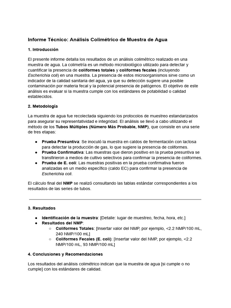 Análisis Colimétrico de Agua Potable | PDF | Microbiología