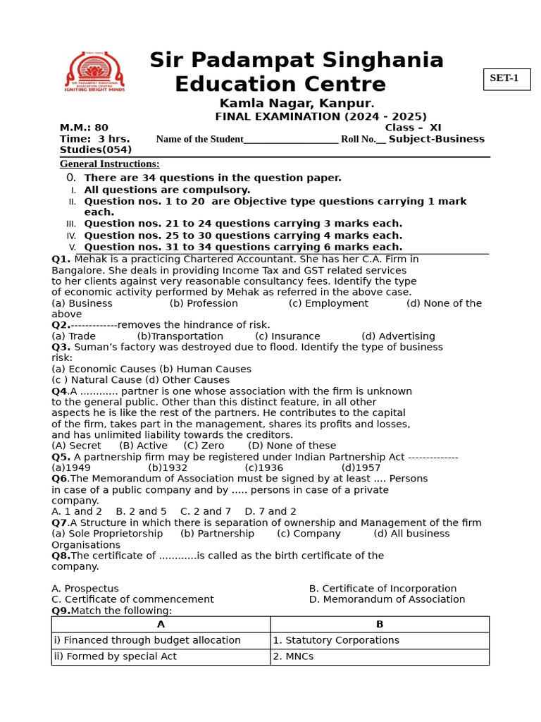 BST Half Yearly Exam 2025-26 | PDF | Business | Economies