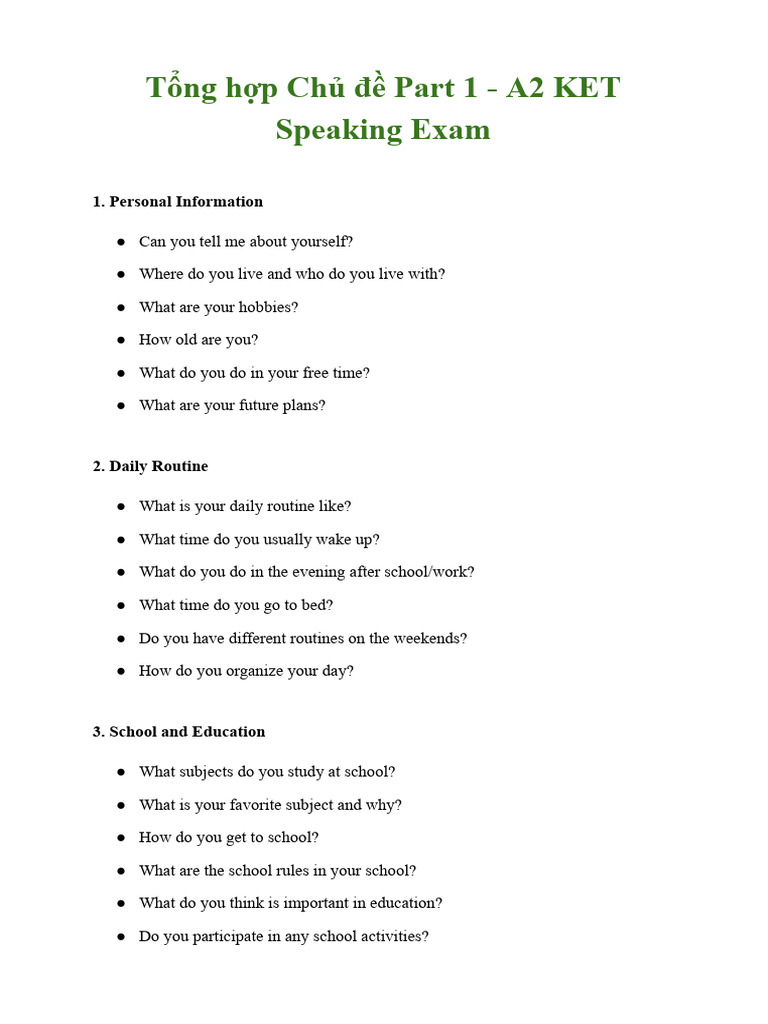 A2 KET Speaking Part 1 Topics Guide | PDF