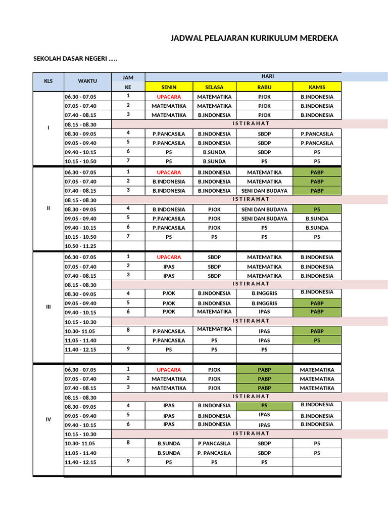 Jadwal Pelajaran Kurikulum Merdeka SD | PDF