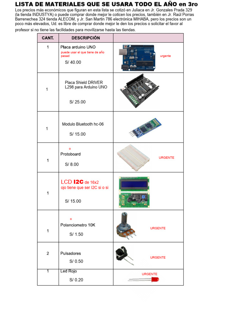 Lista de Materiales Electrónicos 3ro | PDF | Arduino