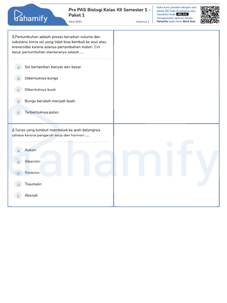 Pra PAS Biologi Kelas XII Semester 1 - Paket 1 | PDF