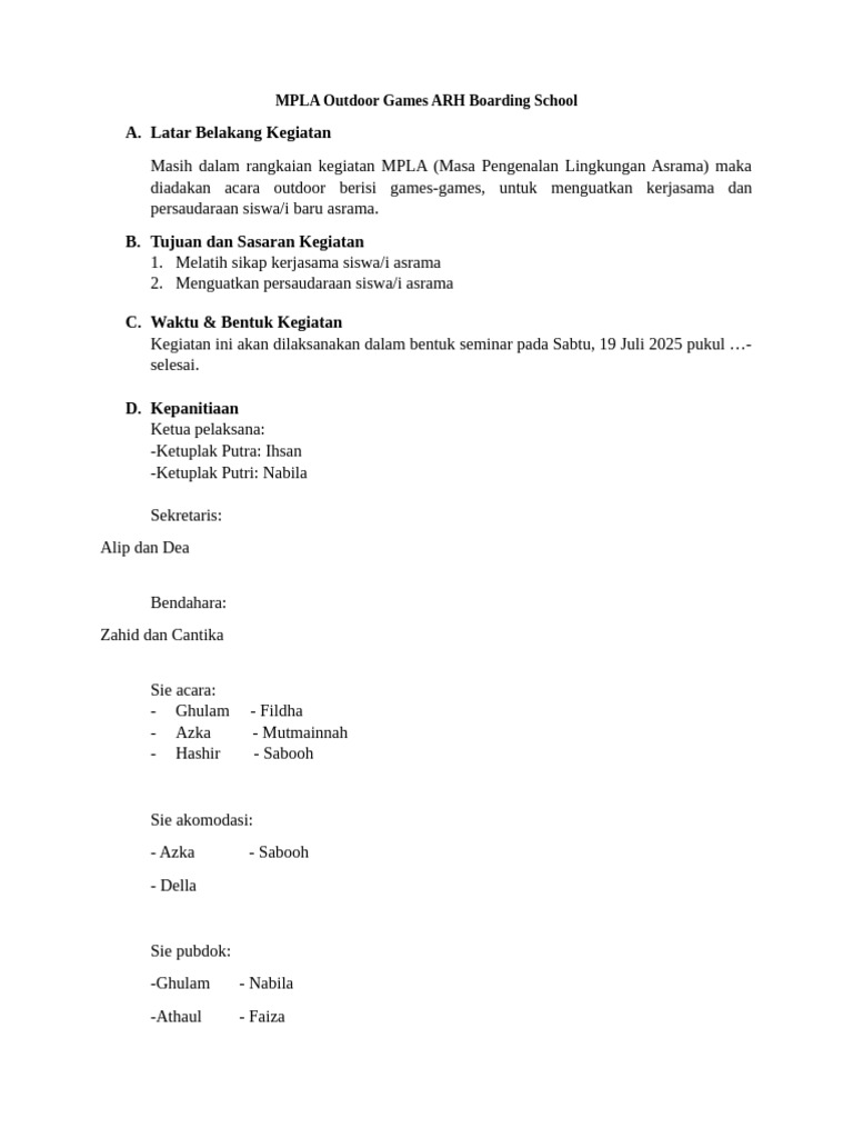 MPLA Outdoor Games di ARH Boarding School | PDF