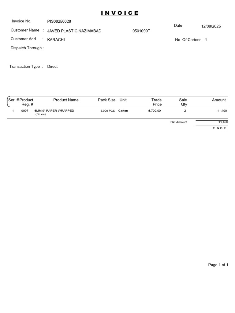 Invoice for Javed Plastic Karachi | PDF