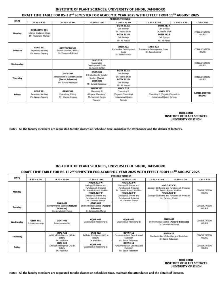 BS 2nd Semester Timetable 2025 - Sindh | PDF | Life Sciences | Biology