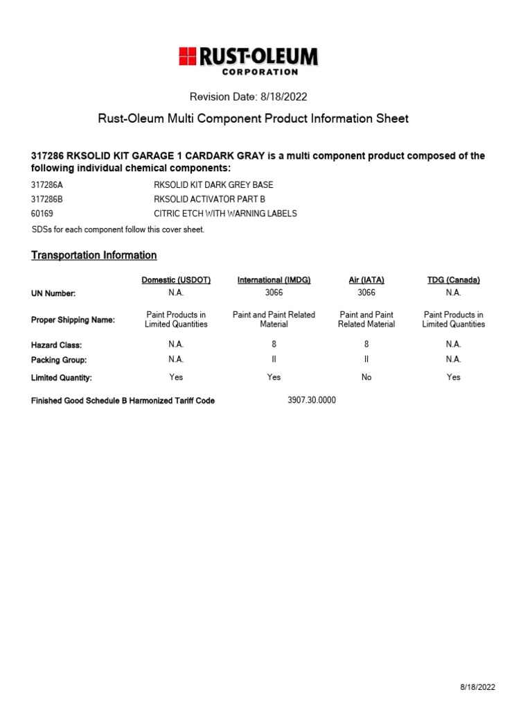 Rust Oleum Multi Component Product Information Sheet Revision Date 8 