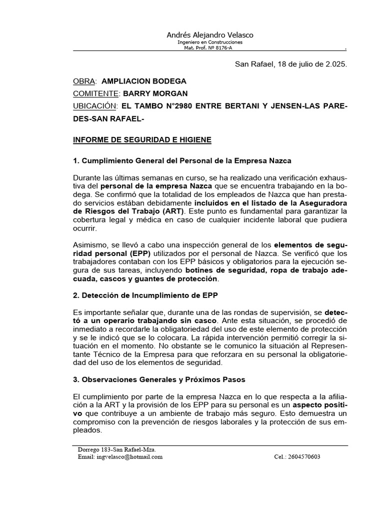 Informe de Seguridad e Higiene Empresa Nazca | PDF
