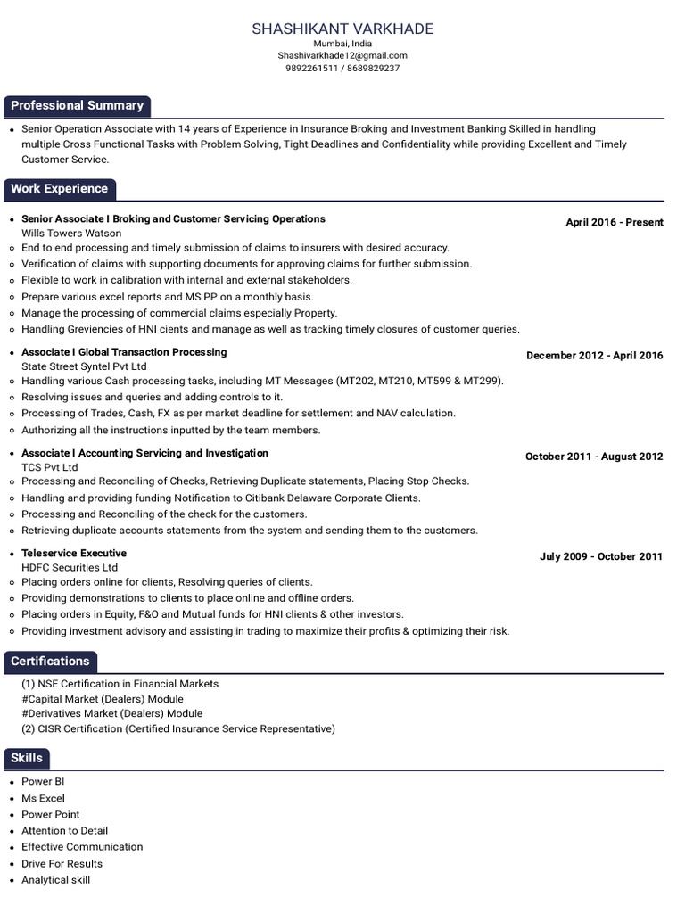 Senior Operations Associate Profile | PDF | Investing | Business