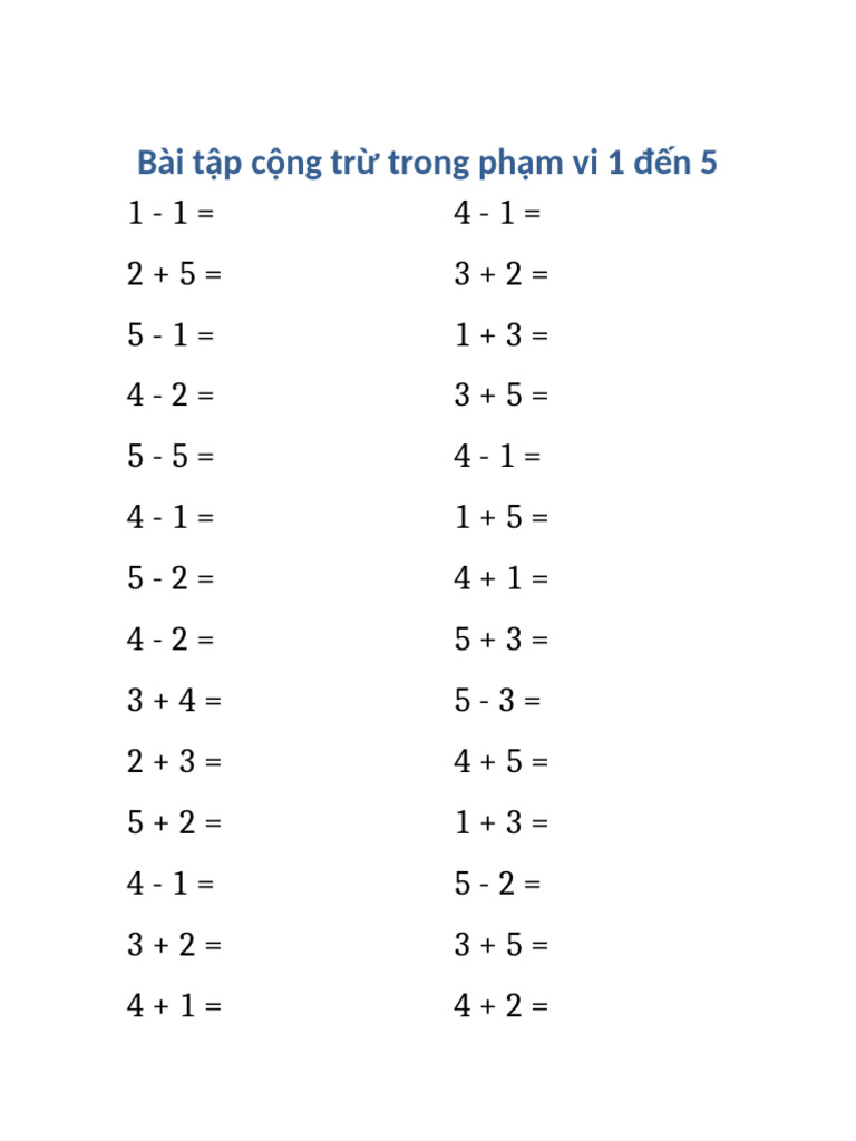 Bai Tap Cong Tru 1 5 Khong So | PDF