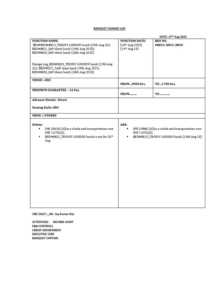 Banquet Change Log for August 2025 | PDF