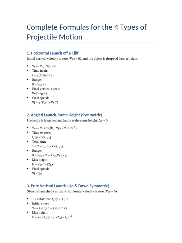 Projectile Motion Formulas | PDF