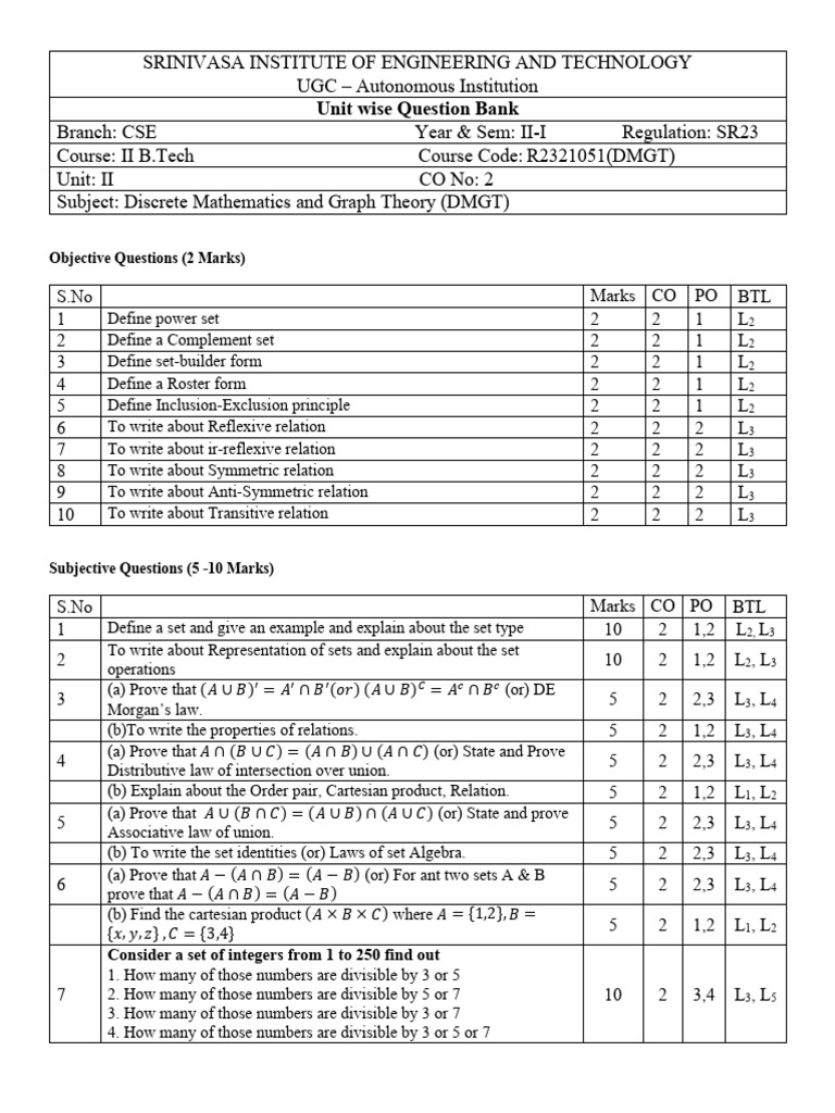 CSE Discrete Mathematics Question Bank | PDF | Logic | Argument