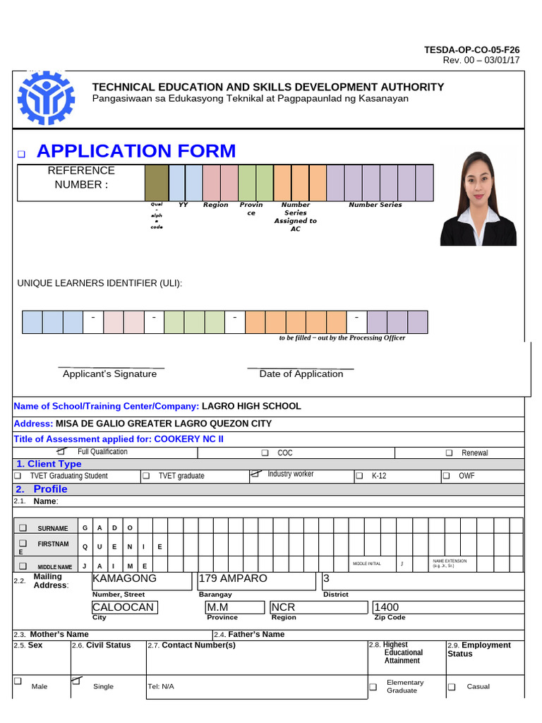 Cookery NC II Assessment Application Form | PDF