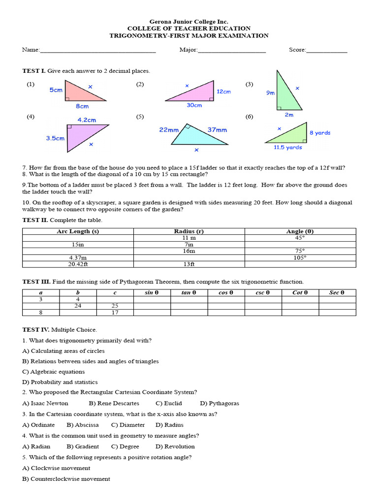 Trigonometry Exam Questions and Answers | PDF | Angle | Area