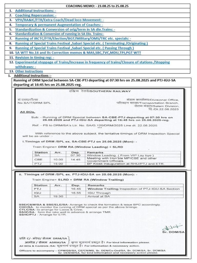 Coaching Memo 230825 To 250825 | PDF | Rail Transport | Rolling Stock