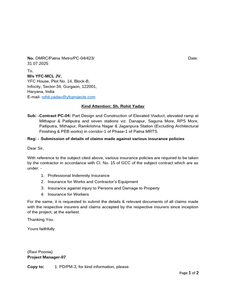 Submission of Details of Claims Made Against Various Insurance Policies ...