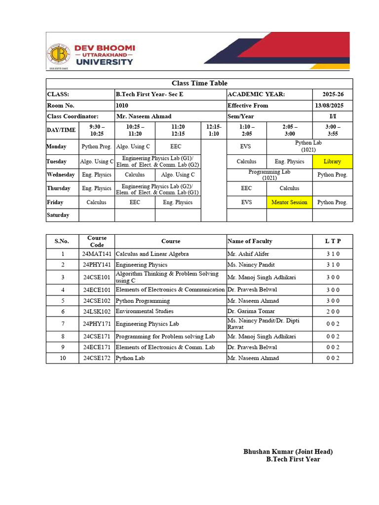 Class Time Table-Sectionr | PDF | Algebra | Algorithms