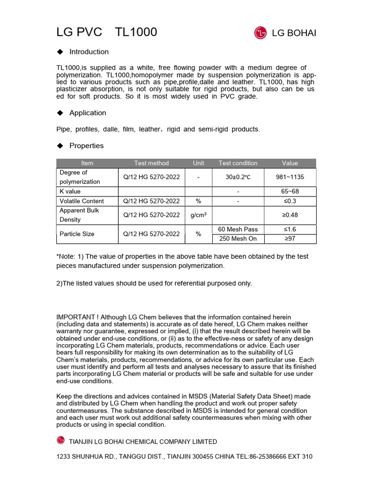 LG TL1000 PVC Homopolymer Overview | PDF | Polyvinyl Chloride | Materials
