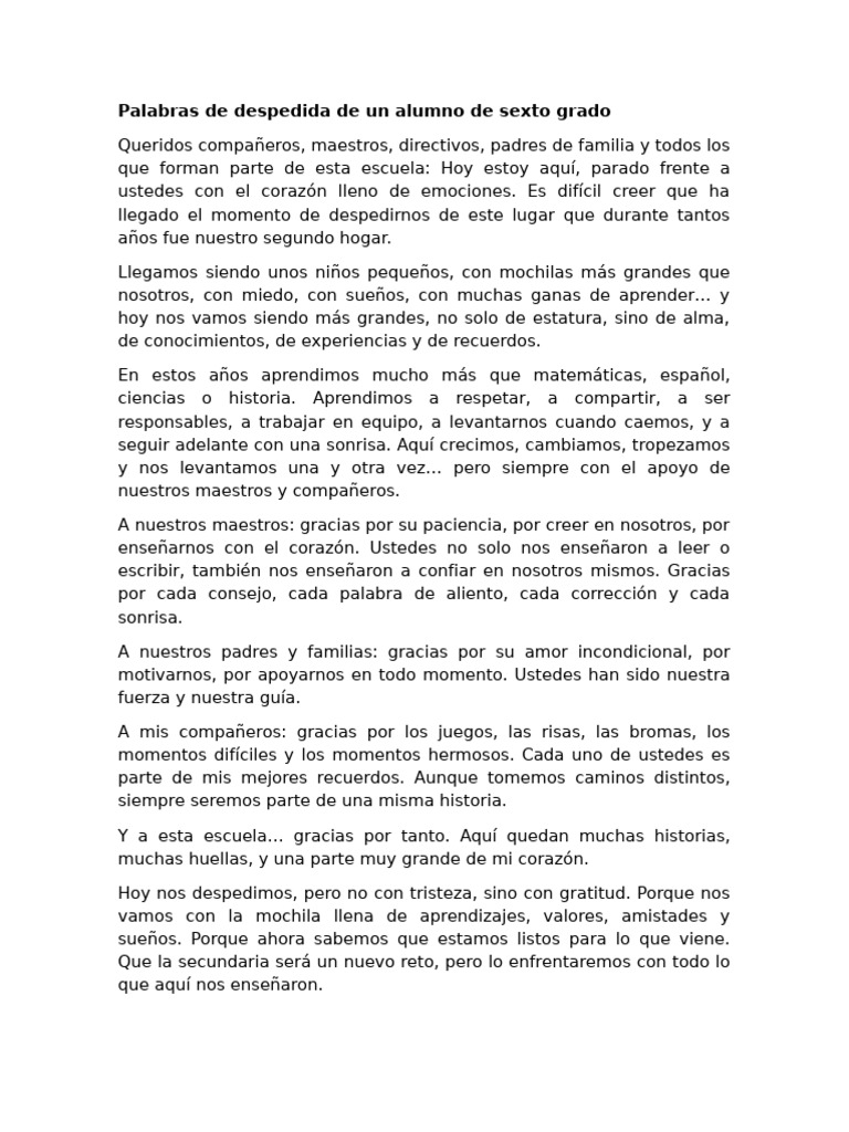 Palabras de Despedida de Un Alumno de Sexto Grado | PDF