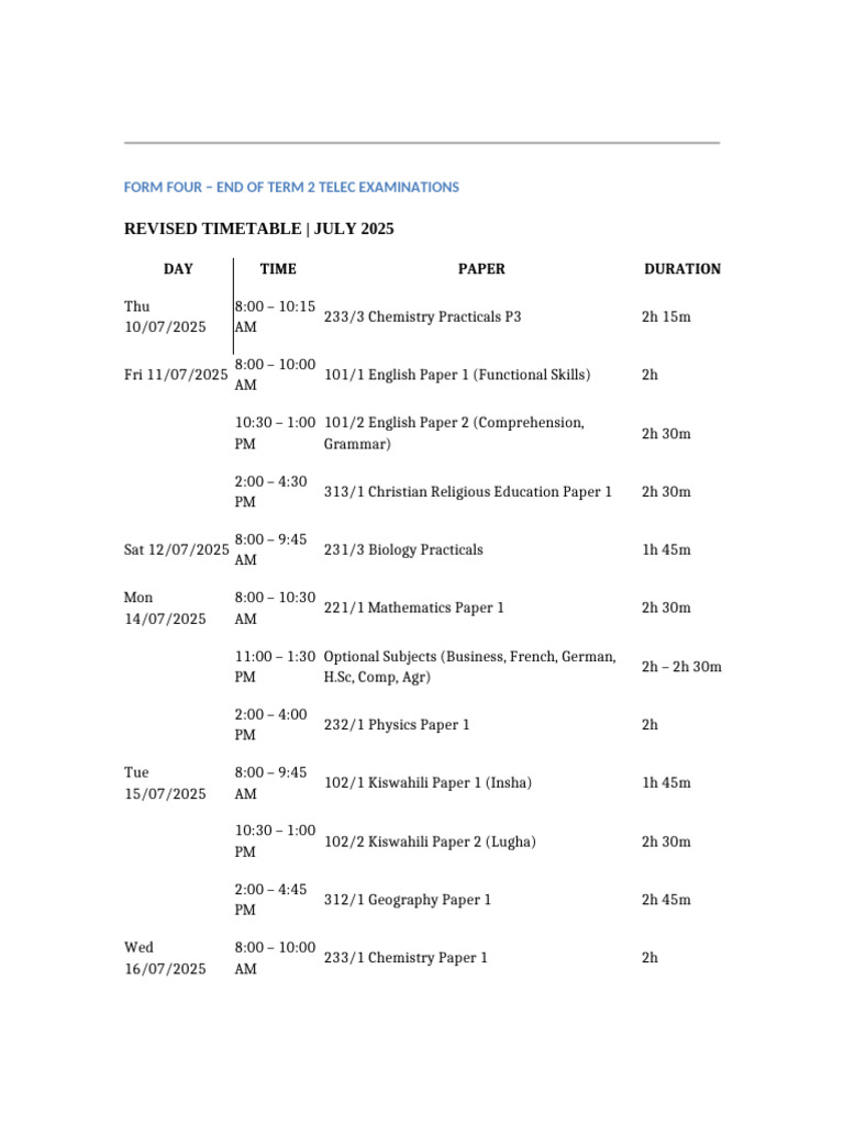Form Four Exam Timetable July 2025 | PDF | Science