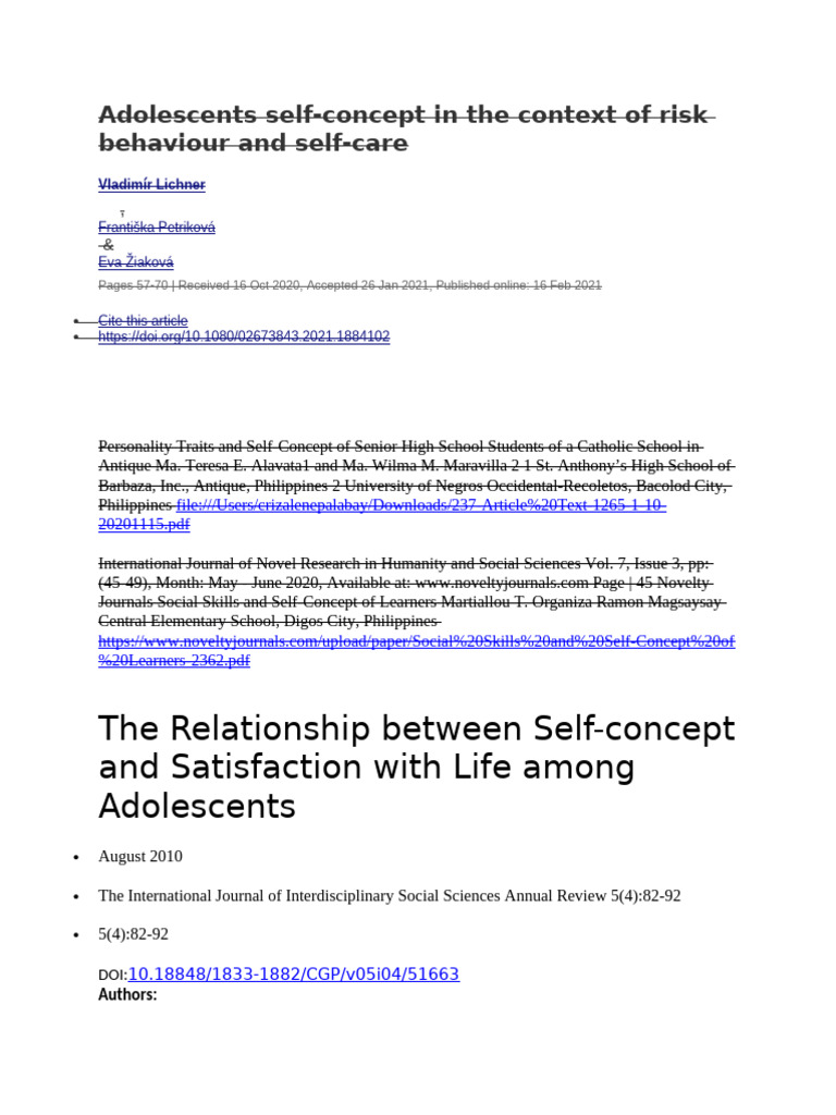 Adolescent Self-Concept and Risk Behavior | PDF | Self Concept ...