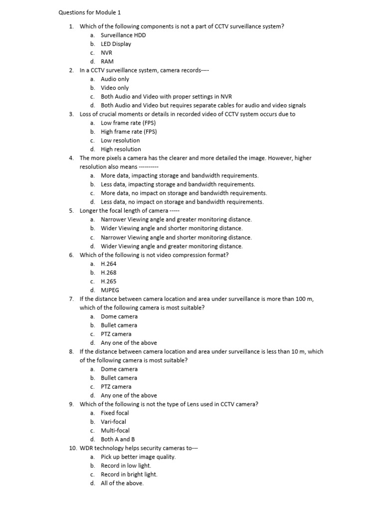 CCTV Surveillance System Quiz Questions | PDF | Video | Camera