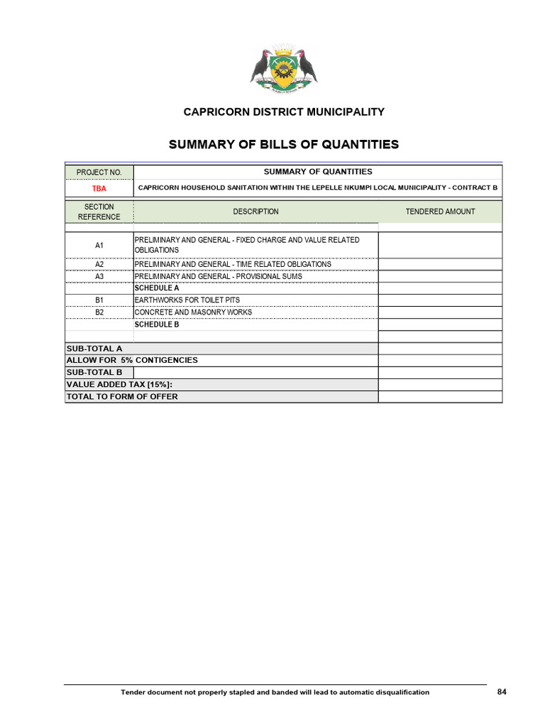 Tender Document Lepelle Contract B Boq | PDF | Concrete | Masonry