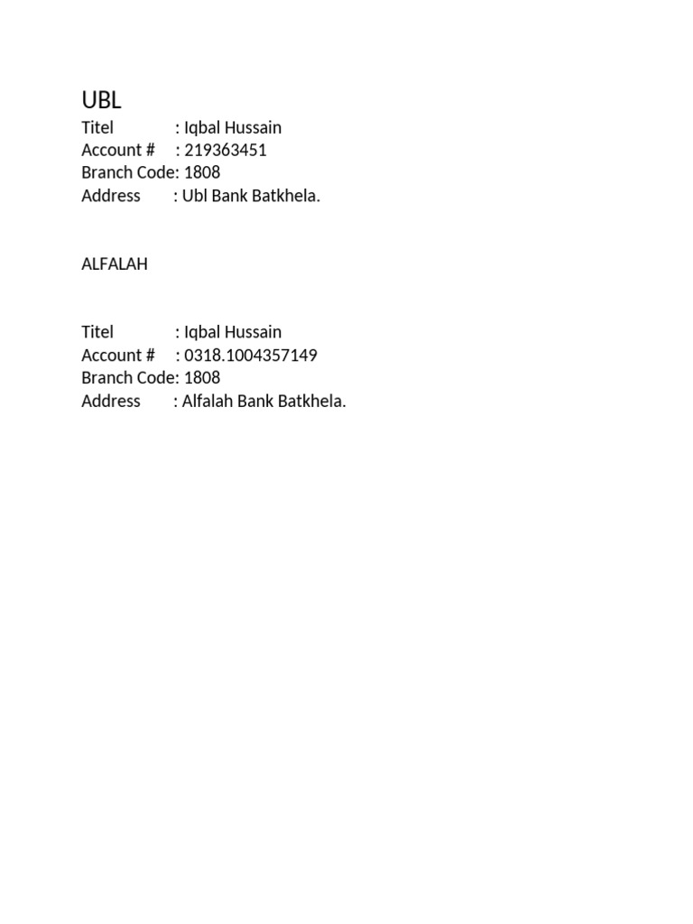 UBL Batkhela Branch Code 1808 | PDF