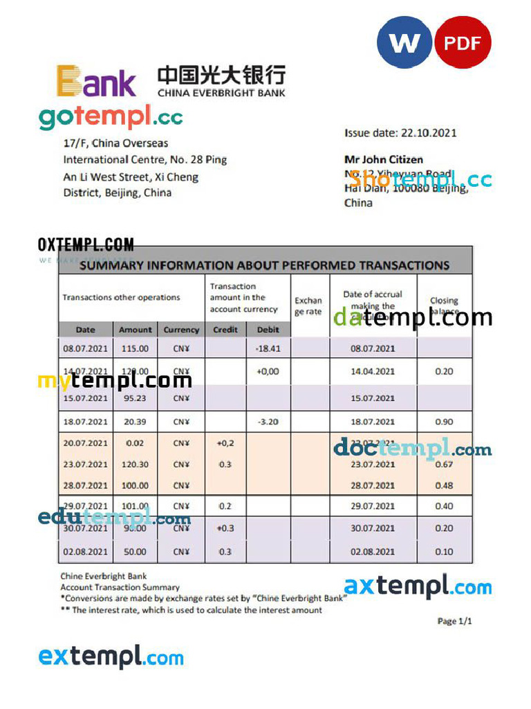 Doctempl - China Everbright Banking Statement Template in Word and PDF ...