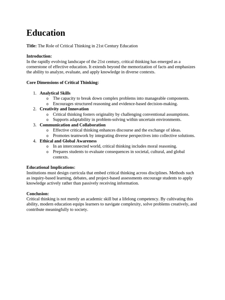 Critical Thinking in 21st Century Education | PDF