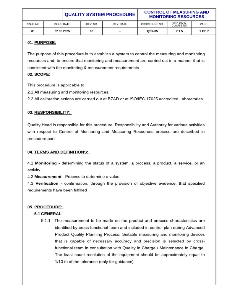 Measuring and Monitoring Control Procedure | PDF | Calibration ...