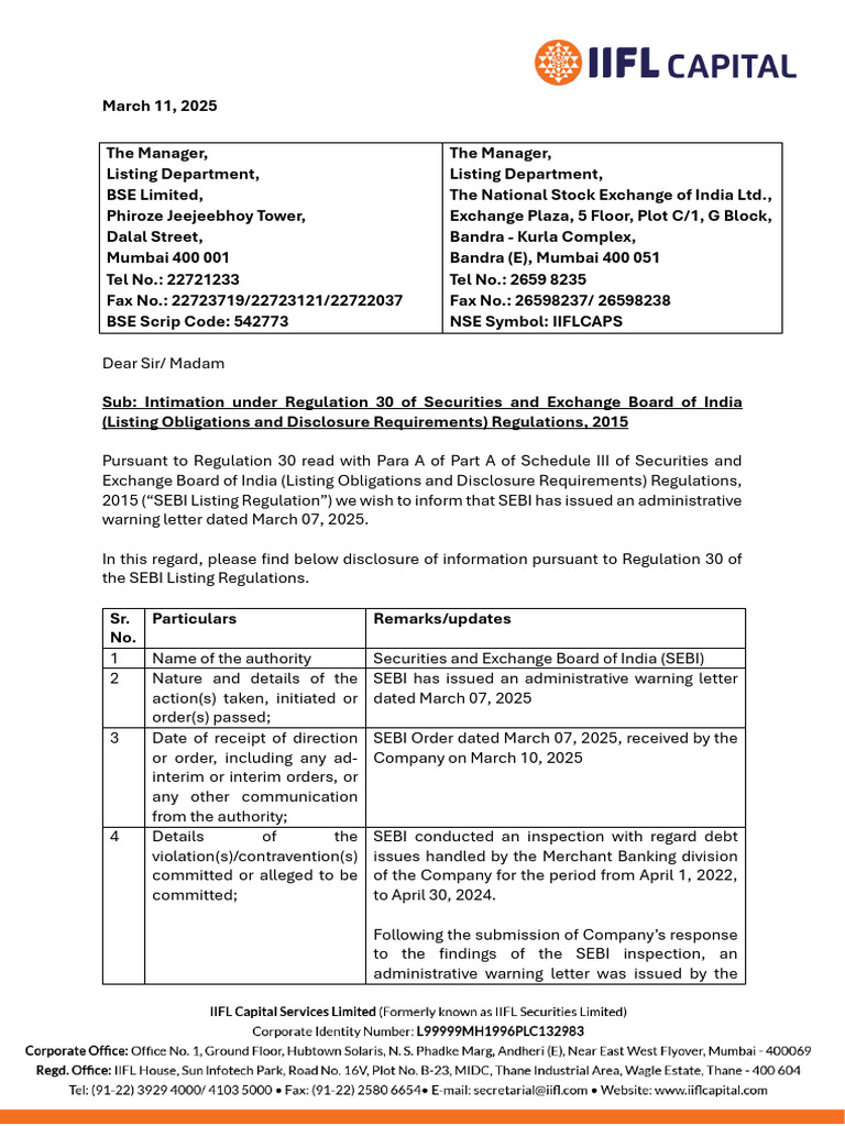 SEBI Warning Letter to IIFL Capital | PDF | Market (Economics) | Investing