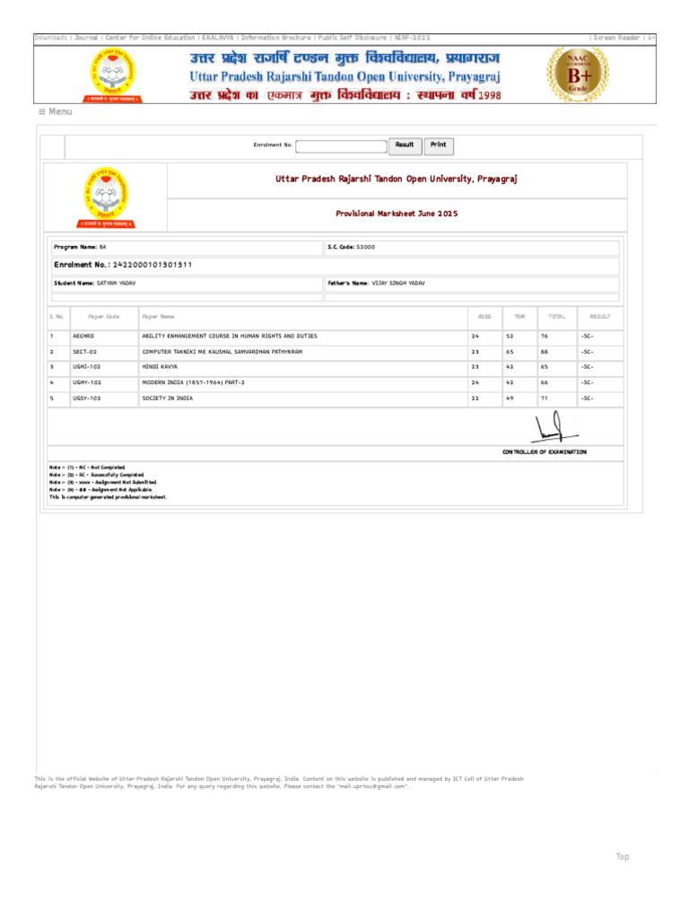 Satyam Yadav's Provisional Marksheet | PDF