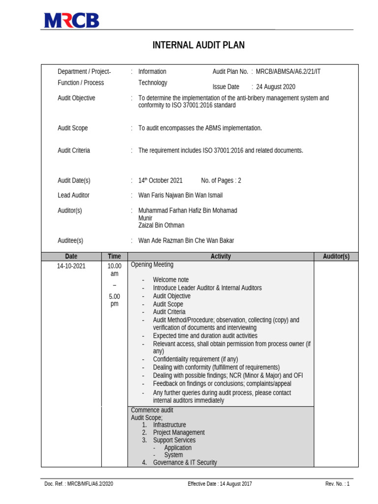 Internal Audit Plan for ISO 37001 Compliance | PDF | Audit | Internal Audit