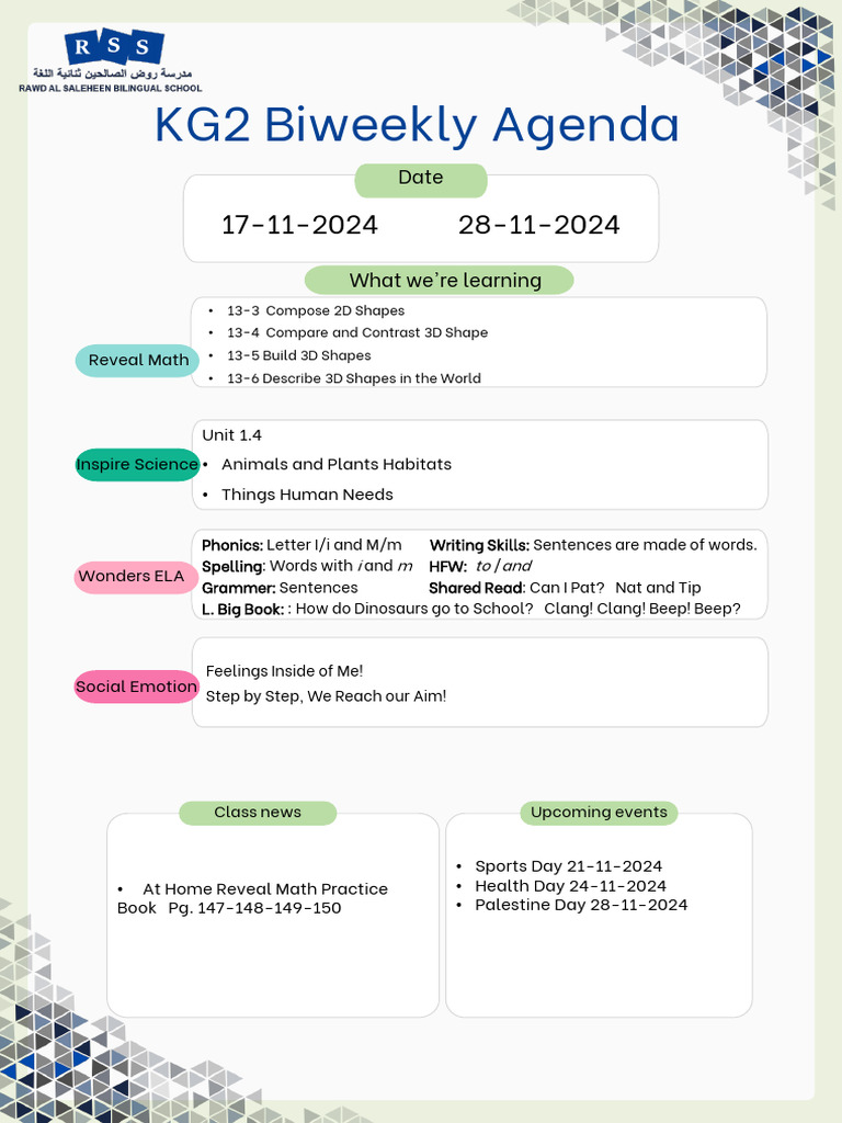 KG2 Biweekly Agenda: Math & Events | PDF