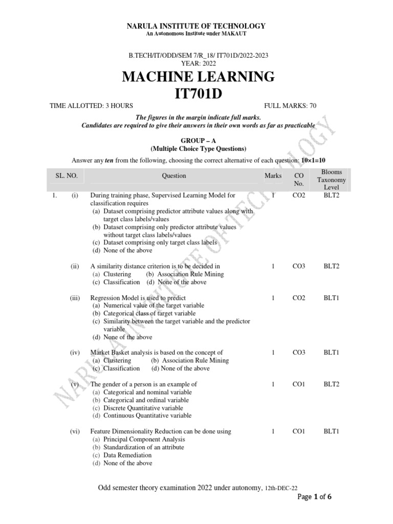 Machine Learning Exam Paper 2022 | PDF | Cluster Analysis | Dependent ...